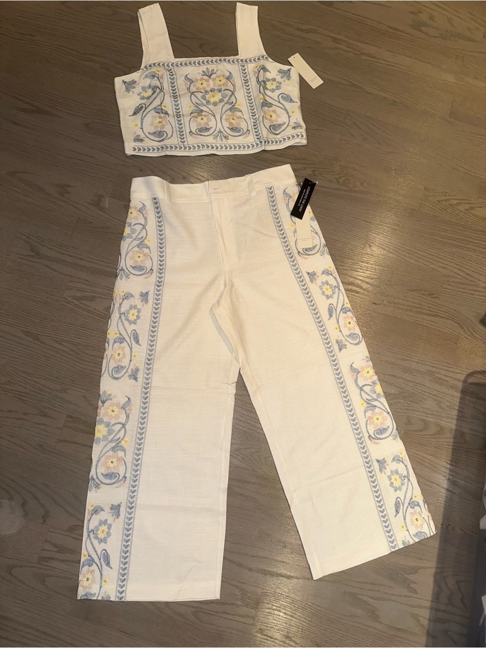 Calypso St. Barth White Linen Pant Set with Subtle Blue Embroidery